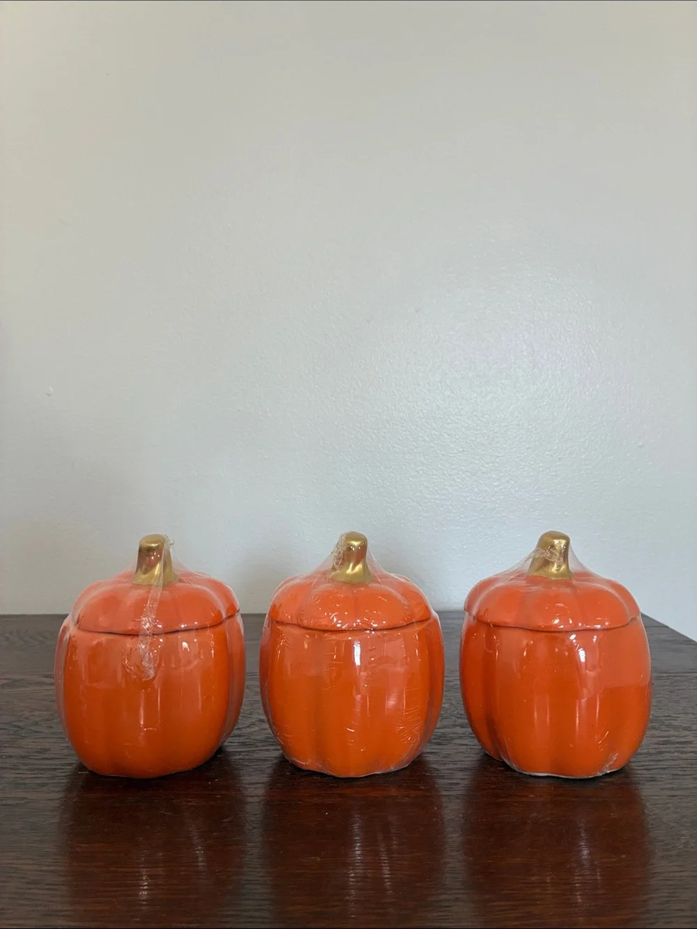 NWT- Set of 3- Orange Ceramic Pumpkin Jars with Lid & Gold Stems
